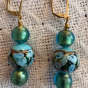 Custom Made Murano Glass Turquoise, Green and Gold  Bead Earrings